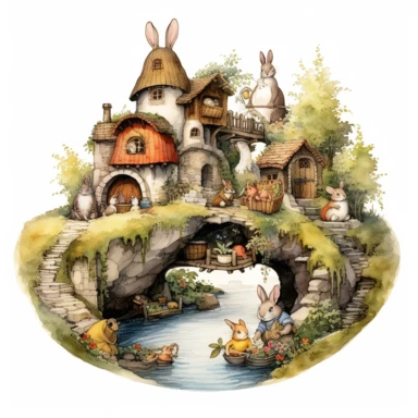 vintage, clipart, illustration, water color, scene, rabbits, hobbit village, white background