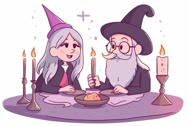 Cute Wizard on a magical candlelight dinner date with Cute Witch Clipart, on white background, spaced out, RGB, Romantic, Wizardcore, Witchcore, Multiverse, Ultra HD, hyperdetailled