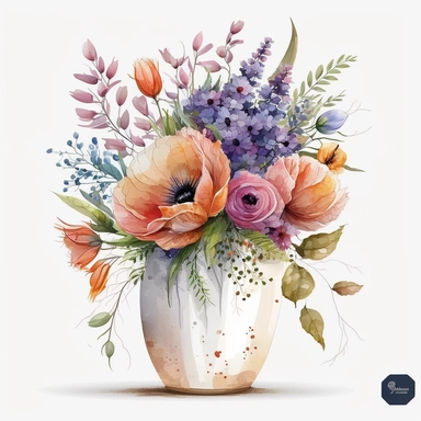 clipart watercolor flower bouquet in a vase, high detailed, eye-catching compositions, high resolution, vector, white background