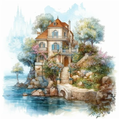 isolated on white illustration watercolor art of a elegant part of the embankment along the sea with small white houses and flowering trees with summer flowers, sea, blue door, lace and embroidery, masterpiece by James C. Christensen style and by Ivan Fedorovich Choultse style and Hans Zatzka style and Vladimir Kush, PNG clipart, isolated on white, extreme photorealistic details, 32k HD resolution, realistic high detailization high resolution