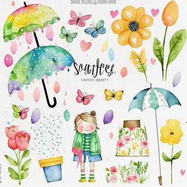 Please create a series of watercolor clipart illustrations featuring different items related to spring. Each illustration should be drawn in a charming and playful style that captures the beauty and vibrancy of the season. Items to include can be flowers, butterflies, birds, bees, rain boots, and umbrellas. Please use a coherent color palette that is bright and cheerful, but also soothing and calming. Colors that are associated with spring, such as greens, blues, pinks, and yellows, should be us