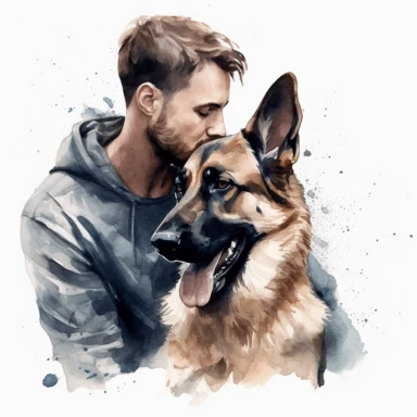 German Shepherd,man whit dog, baby love german shepherd, puppy,, love dog, cute, Watercolor Clipart high quality, white background , cute, love , love animals