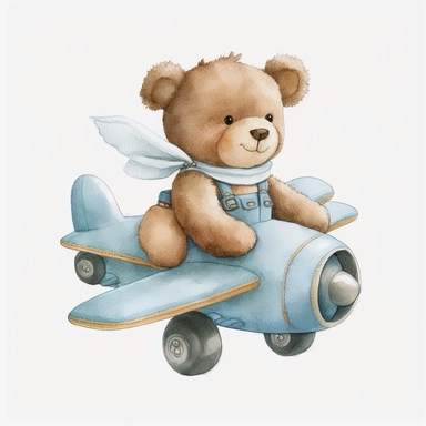 Watercolor brown fluffy jointed plain Teddy Bear clipart, wearing a white blue t-shirt, riding on a white airplane, happy, white back ground, no captions or text