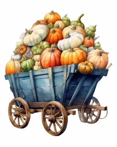 Watercolor clipart a wagon with loads of pumpkins, isolated on white background, hyper realistic, 4k