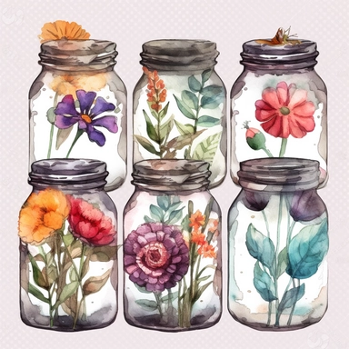 watercolor 1 dozen jars, decorated with flowers, plants, leaves, inserted into glass jars vividly bold designs png Full body realistic cartoon in 32K UHD cute. 15 cm thick outline. Black color. There was no shadow on the ground. 8k with realistic watercolors. and detailed illustrations. PNG clipart, transparent white background