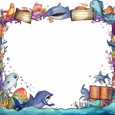 page border of goofy, super adorable, cute, watercolour sharks, heaps of fish, starfish, dolphins, whales, holding a school book that says Monsters at Schoop Clipart on it, pencil and art things, fluffy, big eyed, vibrant, smiling, on a pure white background in PNG format