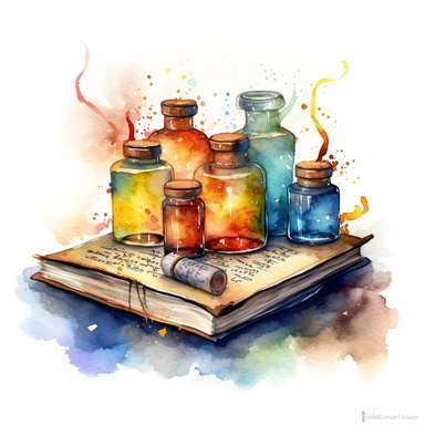 A concept of isolated watercolor clipart image of wizards' spellbooks and potions on a white background. This is a work that seamlessly blends the concept with the art form of watercolor painting. Inspired by the brilliant and emotive brushwork of J.M.W. Turner, the image captivates the viewer with its spellbooks showcasing ancient runes, and potions that bubble with mysterious substances. The color temperature leans towards cooler hues, blues, and purples, imbuing a sense of arcane mystique. No