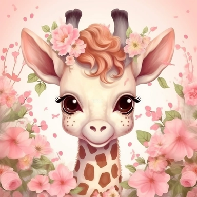 kawaii, cute shy baby giraffe in rose garden clipart, magical background--ar 2000:1763