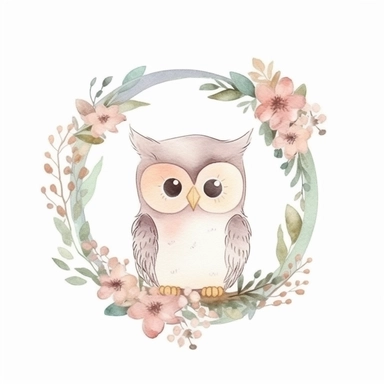 cute owl in a dainty minimalist floral wreath, watercolour, magical, kids art, clipart, isolated white background, 8k