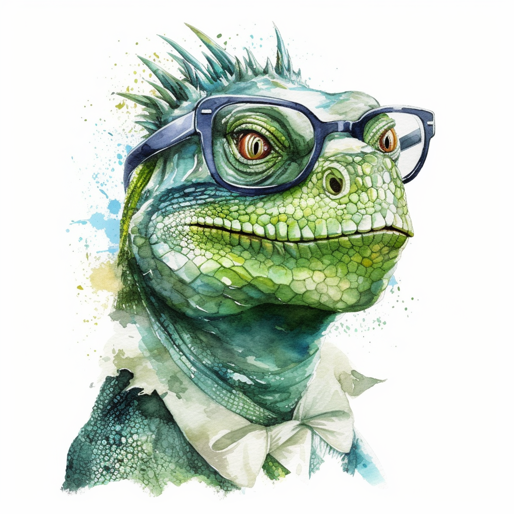 Green iguana wearing glasses, watercolor, sharp illustration clipart ...
