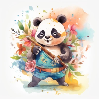 a happy panda with a bamboo shoot and a martial arts belt, depicted in a whimsical, watercolor, surrounded by colorful flowers and butterflies. The mood of the artwork is cheerful and playful, with a soft pastel color palette. The lighting style is bright and sunny, evoking a warm and inviting feeling. clipart design graphic, vector, contour, super cute, isolated white background, high quality, 2d, flat