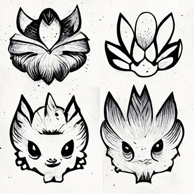 Pokémon style animal, tattoo flash sheet, separate images, black and white, sticker, line art, clipart, white border