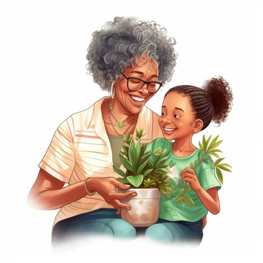 adorable detailed clipart of a cute young black girl holding a potted seedling while learning herbalism from her beautiful grandmother, white background