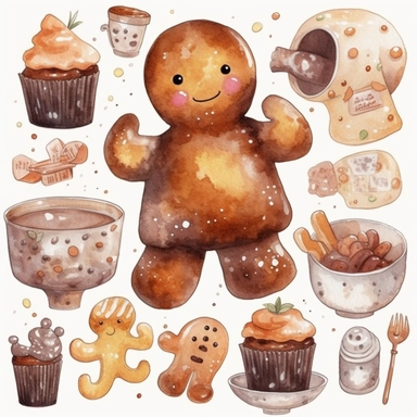 Cute gingerbread man items watercolor Clipart Collection, watercolor objects isolated on white background, high quality, neat watercolor illustrations, dotted texture, cozy Christmas mood, burnt sienna, dark brown, orange colors, panasonic lumix s pro 50mm f/ 1. 4, rough clusters
