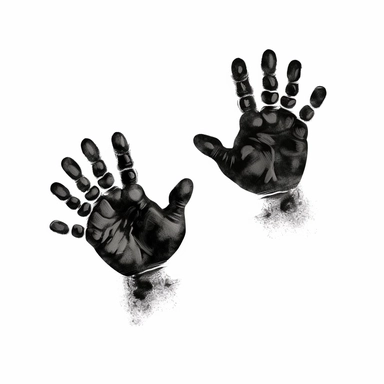 black svg clipart picture of 2 cute baby handprints on a white background, white crinkled chubby baby handprints, no shading , very realistic, left hand and right hand, small baby hands, as if baby painted their hands black and stamped their hands on white paper, cute, simple black graphic illustration