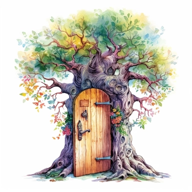 watercolor magical tree door clipart, isolated on white background