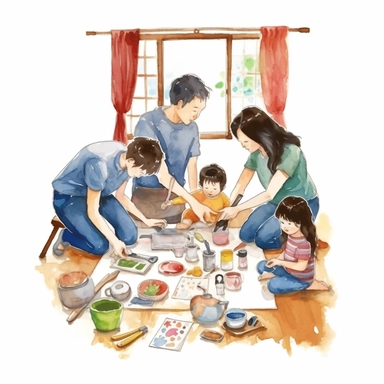 watercolor, family home activities. Happy parents and children playing video and board games, cooking, dancing, doing jigsaw puzzles, taking baths, and painting together. png Full body realistic cartoon in 32K UHD cute. 15 cm thick outline. Black color. There was no shadow on the ground. 8k with realistic watercolors and detailed illustrations. PNG clipart, transparent white background