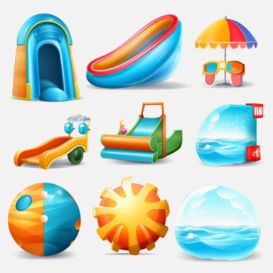 vector clipart set inflatable water slide, beach ball, sunglasses, float, hd, realistic, isolated, no background