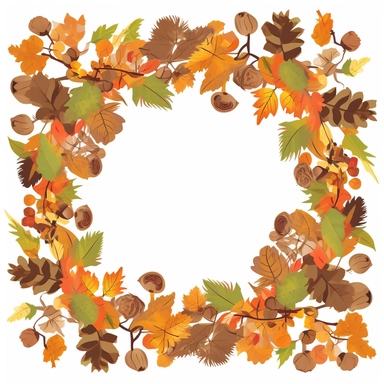 Create Separate Single Clip Art, Simplistic, Thick Natural Branches with Fall Leafs and Acorns AS a full Picture frame, Isolated and separated on WHITE Background, 2D, vector flat, clip art, No Gradients