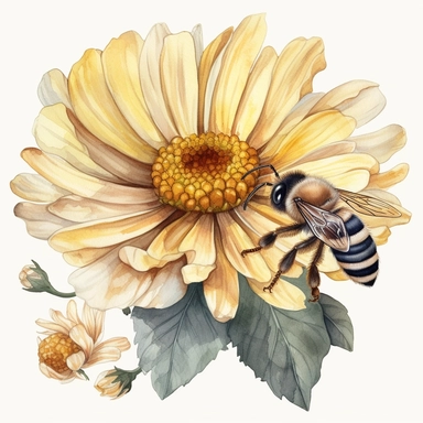 realistic honey bee on a flower, watercolor clipart, high quality clipart, no background