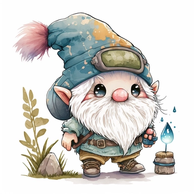 cute chibi happy gnome with big white beard, wearing spike hat, hat is covering the eyes, clipart, line art, in the style of Anni Betts + Christine Battuz, watercolor illustration style 8k, png