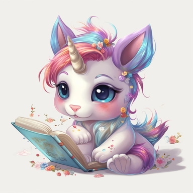 Baby cartoon Unicorn studying for school, highly detailed, anime, adorable, pastel,clipart