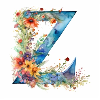 watercolor clipart of large letter Z surrounded by tiny colorful wildflowers