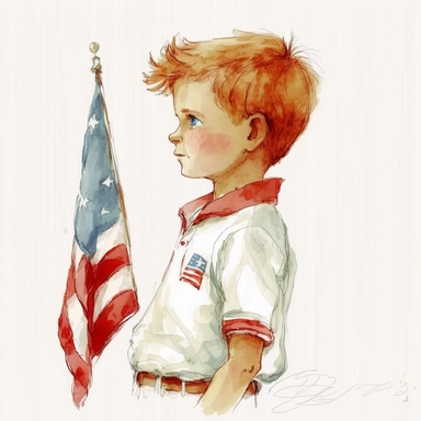 side boy kid with 4th of July theme,Watercolor style, Clipart,on white background