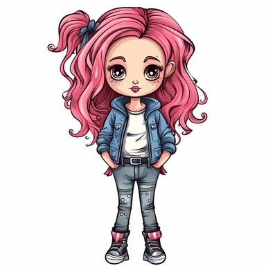 little girl doll style, black contour thin lines, jeans, sneakers, pigtails, pink hair, cartoon, clip art, cute eyes, illustration for kids, disney,
