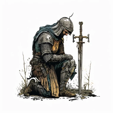old knight like arthur setting on his knee bows his head like he is praying and holding his sword horizontaly to the ground,design for tshirts + white background +,clipart drawing,clipart image,high definition drawing,clean colors,balanced colors,detailed drawing,--v 4