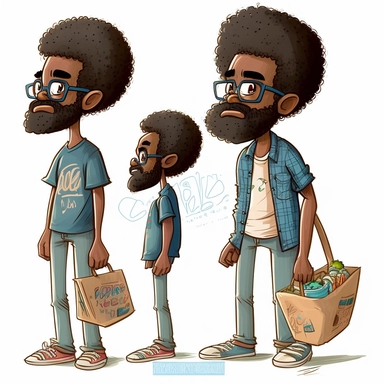 Draymon, 40 year old black man, walking, side angle, side view, holding-picnic-basket, illustration for children's book,40 years old, curly black and gray faded flat top afro, large eyes, wearing blue jeans, blue shirt, brown shoes, full beard, full lips, Watercolor Clipart, strybk, full Illustration, 4k, sharp focus, watercolor, smooth soft skin, symmetrical, soft lighting, detailed face, watercolor style, strybk, Octane rendering, 3d. Perfect face, detailed face, delicate face, perfect round l