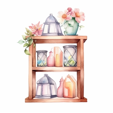 miniature bookshelf with fancy lantern,watercolor,floral,cute,light color,white background,clipart
