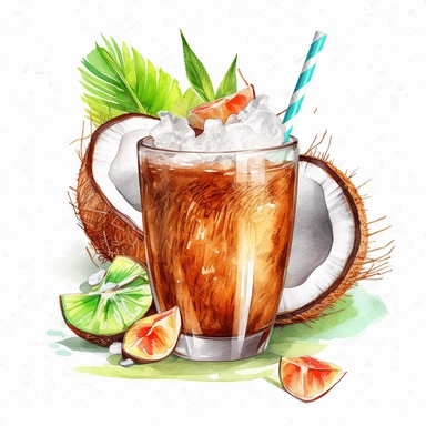 watercolor colorful clipart of a refreshing coconut drink, hd, on white background