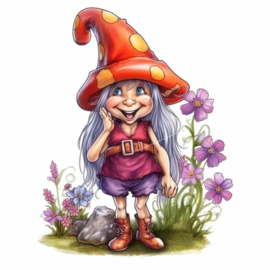 A delightful, hand-drawn clipart image of a friendly female gnome with no beard, dressed in a charming, brightly colored ensemble, sporting a tall, pointy hat, and standing with a welcoming smile, mushrooms and flowers, presented on a transparent backgrou