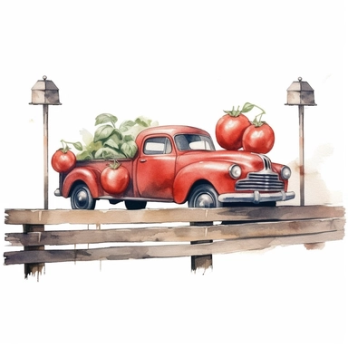 tomatoes on a wooden hanger, watercolor clipart & clip art, in the style of light red and dark gray, narrative paneling, classic american cars, uhd image, hand lettering, depiction of rural life, wood