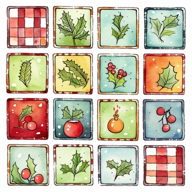 Watercolor line art, little squares filled with doodly patterns of  xmas ,ornaments and decorations , illustrations clipart set, simple, christmas colors , cartoon elements, different variants , stocking, bubble ornaments, mistletoe, holly, wreath, modern art, separate elements with a margin