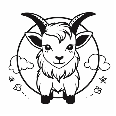 billy goat, simple line drawing clip art for kids, kawaii style, black and white only