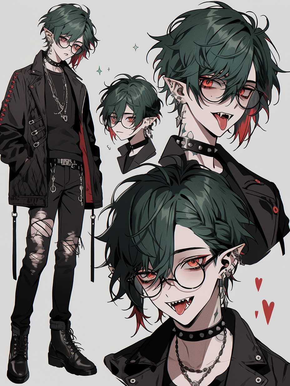 anime boy, messy dark green hair, red eyes, sharp teeth, choker ...