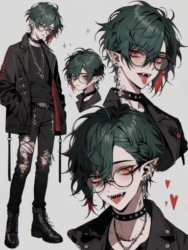 anime boy, messy dark green hair, red eyes, sharp teeth, choker necklace, grey black striped sweater, black pants, hair clip, goth, punk, red, gothic, lip ring, round glasses, pointed ears, vampire, black jacket, full body, man, male, tattoos, reference sheet
