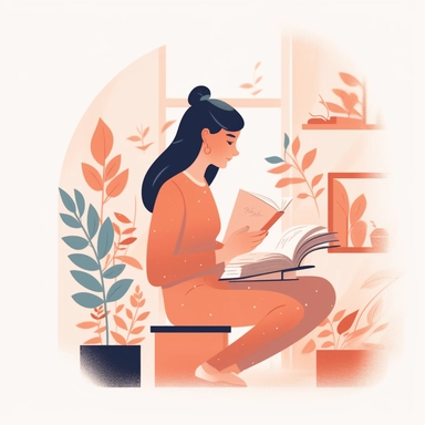vector design, image of a woman, taking her final education exam with a book, flat modern illustration, clipart, white background, atey ghailan, nature study, natural pastel colors, orange and pink prevail, style by Tom Witen, by ai yazawa