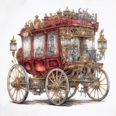 watercolor, hyper realistic, white background with margins, 8k, ultra detailed clipart, victorian, a horse-drawn carriage with mechanical, clockwork horses and intricately detailed metalwork, burgundy