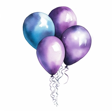 one purple party balloon clipart, white background, blue colour tones, watercolour style