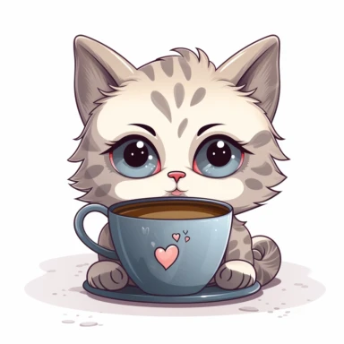 A cat holding a coffee cup with a wide-eyed expression, representing the love for caffeine clipart