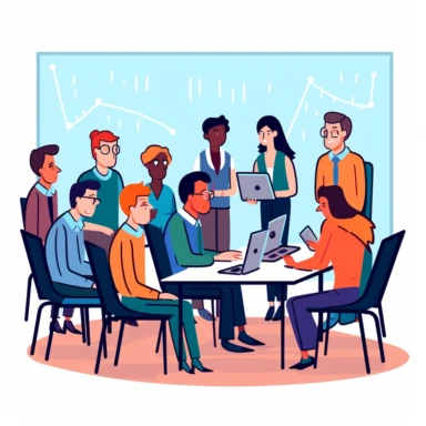 clipart of corporate technical training session in person, each employee on their laptop