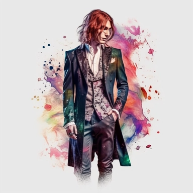 Victorian elegant male multicolor hair ,fantasy, full body, fairytale dreamlike look, eye contact, clipart with watercolor splash background, with transparent background, hyper realistic, professional photography, super detailed