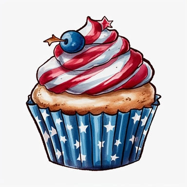 4th of July Patriotic Clip art of 4th of july patriotic cupcake, red, white & blue Full body realistic cartoon in 32K UHD cute, 8k with realistic watercolors and detailed illustrations. PNG clipart, Sublimation graphics, transparent white background for removing background - - no text shadow font watermark