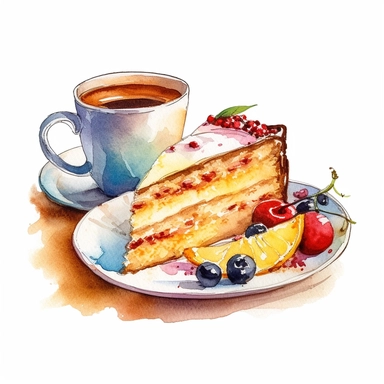 watercolor realistic painting of a piece of cake with fruits and a cup of coffee clipart, 8K