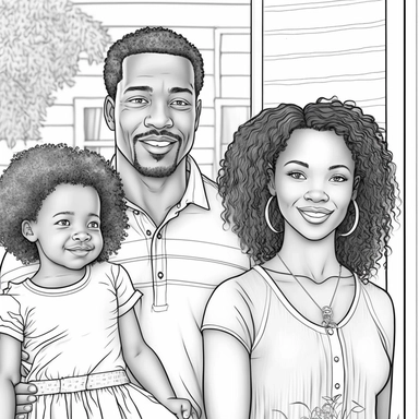 monochrome classic coloring book page of full body head to toe clipart style of smiling, African American family man with wife and children, smooth skin no blemish, he has round detailed eyes, chiseled face with hair, hyper realistic, hyper detailed, hair is short curly clean cut, wearing a full leisure outfit, line art, 8k polished focused photography, there is no background on this image