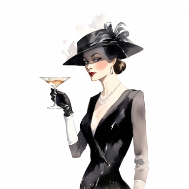 An elegant lady in a black tuxedo holds a dry martini in her hand, the epitome of sophistication and class. Her cup hat adds a touch of vintage charm to her ensemble, while the sketch of England in the background sets the scene for a refined affair. Immerse yourself in the ambiance of old-world elegance with this prompt. Clipart, watercolor, white background, intricate detail, unreal engine cinematic smooth