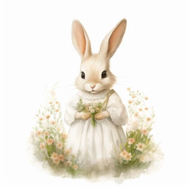 watercolour clipart illustration of cute shy modest baby bunny looking to the left wearing a beautiful detailed wedding dress, standing in woodlands background on grass with flowers on white background, in the style of hyper-realistic animal illustrations, i can't believe how beautiful this is, childlike illustrations, close up, earthy tones